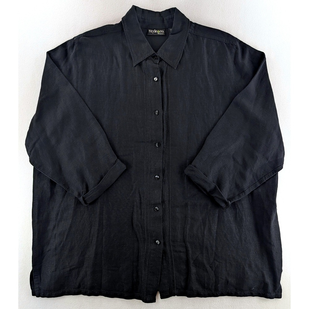 Vintage Style & Co Woman 20W Black Linen Rayon 3/4 Sleeve Shirt Hong Kong - Picture 1 of 7